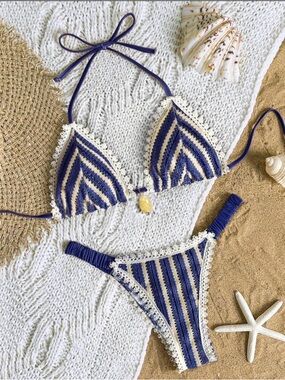 New Crochet Bikini Set in Navy and Cream